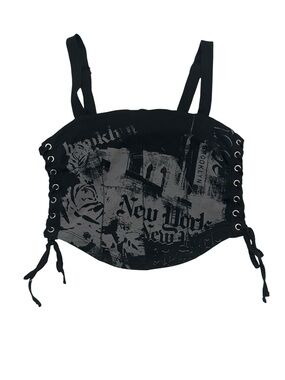 GARAGE Vintage Y2K Lace-Up Sides Graphic Print Corset Style Top